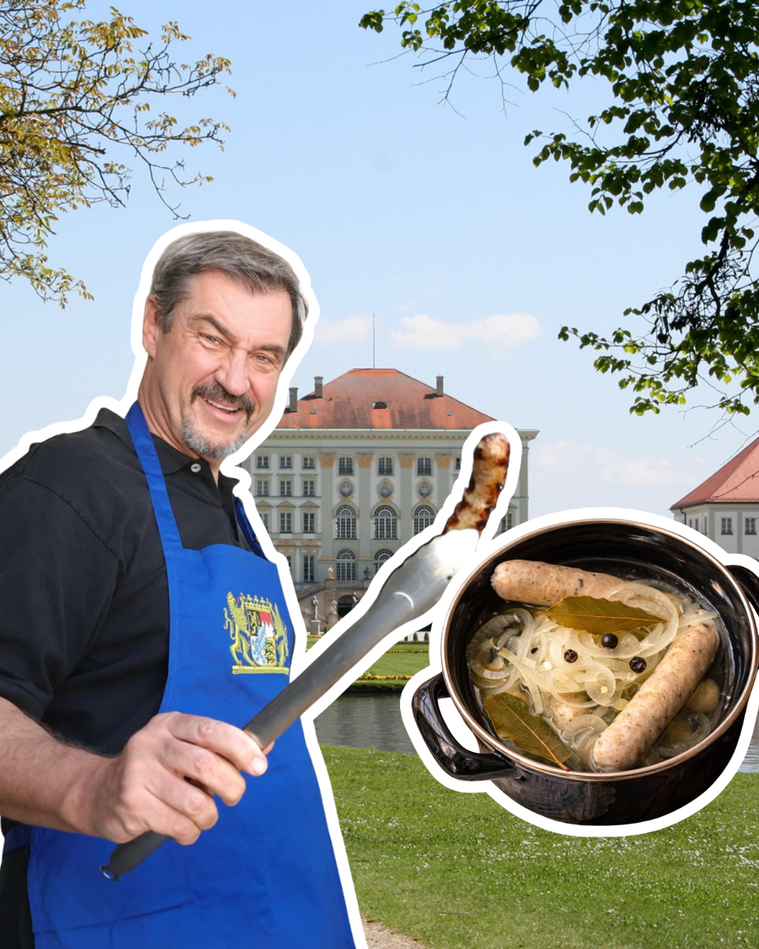 Markus Söder mit Schürze und Grillzange vor Schloss Nymphenburg.