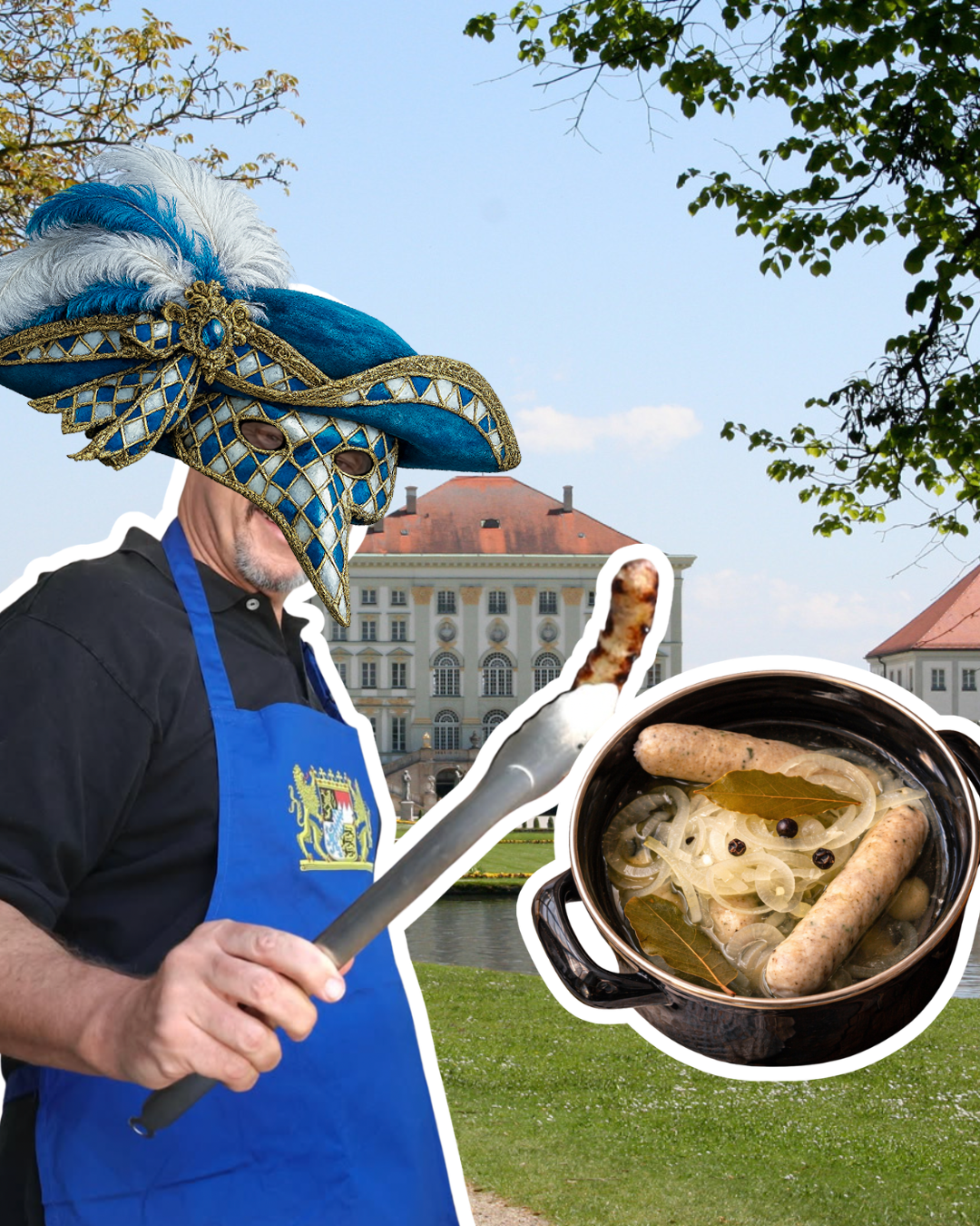 Ein noch anonym gehaltener Überraschungsgast mit Schürze und Grillzange.